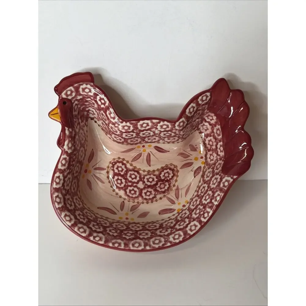 Temp-tations Old World Red Chicken Hen Bowl Stoneware Ovenware Farmhouse 0.5 Qt